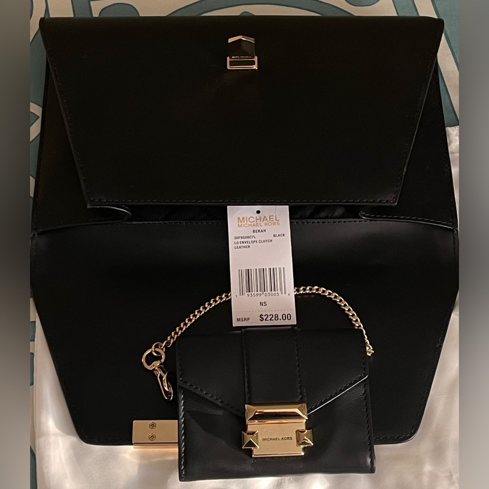 NWT Michael Kors Leather Clutch & Chained Matching Coin/Card holder